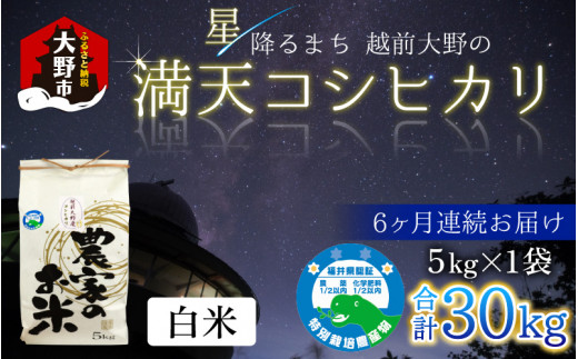 【令和6年産 新米】【6ヶ月定期便】星降るまち 越前大野の「満天コシヒカリ」白米 5kg × 6回 計 30kg 農薬・化学肥料50%以上カットの特別栽培米 