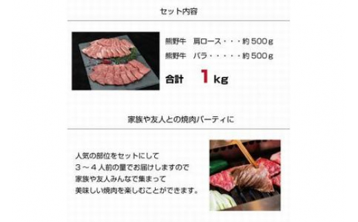 ▼特選黒毛和牛 熊野牛 焼肉セット（バラ・肩ロース） 約１kg 【mtf310-set-1B】