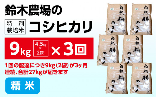 新米【定期便】令和六年産特別栽培米コシヒカリ9kg（4.5kg×2袋）精米 「 3ヶ月連続お届け」定期便 合計27kg 精米 お米 ブランド米 ライス 炭水化物 ご飯 主食 食卓 おにぎり お弁当 ミネラル米 こしひかり ごはん こめ コメ 産地直送 国産 茨城県産 常総市 運動会 アウトドア キャンプ