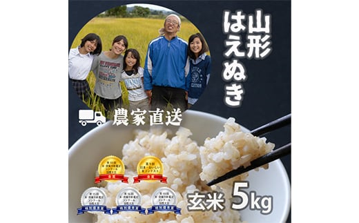 新米令和6年産 コンクール受賞農家直送 山形県産はえぬき5kg 玄米＜浦田農園 むすび米＞【1522426】