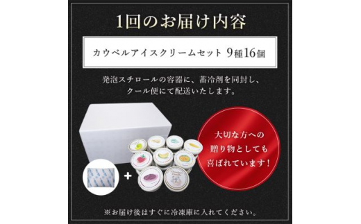 ＜毎月定期便＞カウベルアイスクリーム9種16個セット 新鮮濃厚ミルク 北海道産素材全3回【4008597】