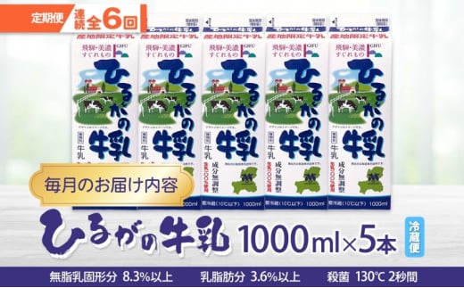 [№5308-0318]定期便 6ヵ月連続 全6回 ひるがの 牛乳 1000ml 5本セット 成分無調整 岐阜県産 生乳100％使用 種類別牛乳 産地指定 酪農家指定 ミルク 1リットル パック 送料無料 美濃酪連 岐阜県 美濃市