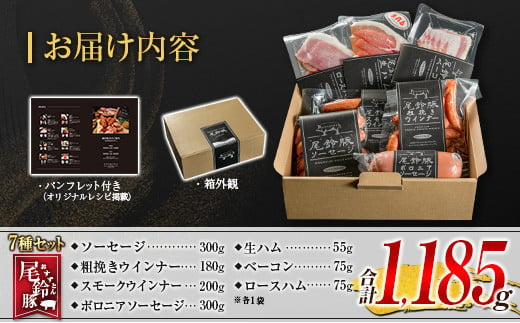 【PREMIUM PORK】 尾鈴豚 ハム ソーセージ 詰め合わせ 合計1185g 7種 セット 宮崎県産