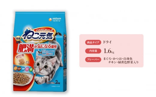 ねこ元気 肥満が気になる猫用 まぐろ・かつお・白身魚・チキン・緑黄色野菜入り 2.0kg×5袋 [№5275-0479]