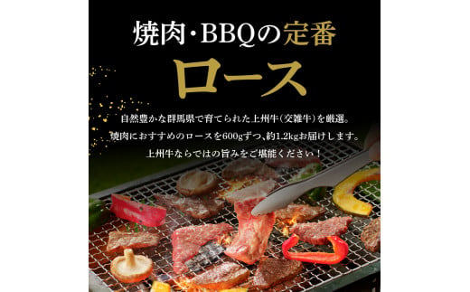 牛肉 ロース 【上州牛】 1.2kg（600g×2パック）   群馬県 千代田町 国産 牛肉 ブランド牛 精肉 肉 お肉 焼肉 バーベキュー BBQ キャンプ アウトドア 食品 冷凍便 グルメ お取り寄せ グルメ 送料無料 