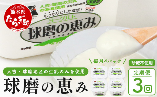 【定期便3回配送】球磨の恵み ヨーグルト ≪砂糖不使用≫ 1000g×4個 総合計12kg