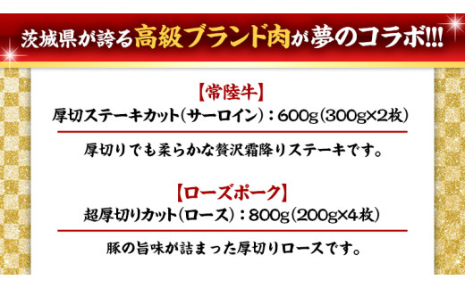 【 厚切り ! 】 常陸牛 × ローズポーク コラボ セット 1.4kg A4 A5 ランク 霜降り サーロイン ステーキ BBQ 厚切 牛肉 肉 にく とんかつ トンテキ ブランド豚 厚切 豚ロース 豚肉