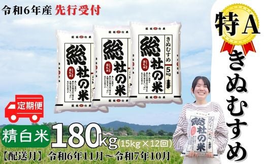 【令和6年産米】特Aきぬむすめ【精白米】180kg 定期便（15kg×12回）岡山県総社市産〔令和6年11月から令和7年10月まで毎月配送〕24-180-001