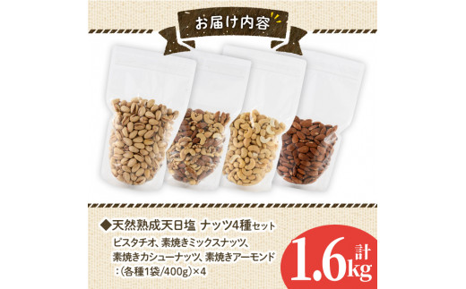 天然熟成天日塩 ナッツ4種セット(400g×4袋・合計1.6kg)ナッツ カシューナッツ ピスタチオ ミックスナッツ アーモンド 素焼きナッツ おつまみ おやつ 晩酌 常温 常温保存【ksg0086-C】【南国フルーツ】