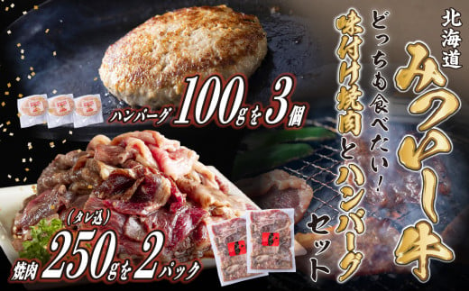 北海道産 味付け 焼肉 ＆  北海道産 黒毛和牛 みついし牛 と ホエー豚 ハンバーグ 計 800g ( 250g × 2パック ＆ 100g × 3枚 )  和牛 牛肉 豚肉 惣菜 三石牛