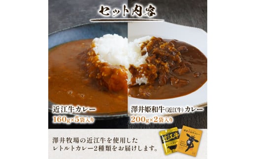 近江牛 カレー 2種 セット　澤井姫和牛 ( 近江牛 ) カレー  200g × 2袋 近江牛 カレー 160g × 5袋 セット 計 7袋 カレー【 レトルト カレー 近江牛 カレー 黒毛和牛 牛肉 1200g 肉 ギフト 自宅用 高級 黒毛和牛 国産 ごはんのお供 ふるさと納税 ブランド牛 三大和牛 和牛 贈り物 神戸牛 松阪牛 に並ぶ 日本三大和牛 滋賀県 竜王町 澤井牧場 送料無料 】