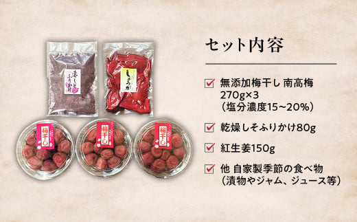 40年作り続けてきた無添加多気町産南高梅干しと季節の食べ物セット 数量限定 梅干 うめぼし しょっぱい すっぱい 紫蘇 シソ しそ 紅生姜 紅ショウガ 紅しょうが 塩漬け 漬物 お漬物 ジャム ジュース 三重県 多気町 TH‐04