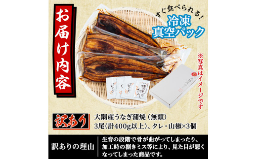 【12821】＜訳あり・不揃い＞東串良町のうなぎ蒲焼(無頭)(3尾・計400g以上、タレ・山椒付)【アクアおおすみ】