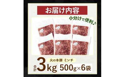 【定期便3回】火の本豚 ミンチ 3.0kg（500g×6） | 熊本県 和水町 くまもと なごみまち 豚肉 肉 ミンチ ブランド肉 地域ブランド 火の本豚 3000g 500g 6パック 定期 3回 毎月発送