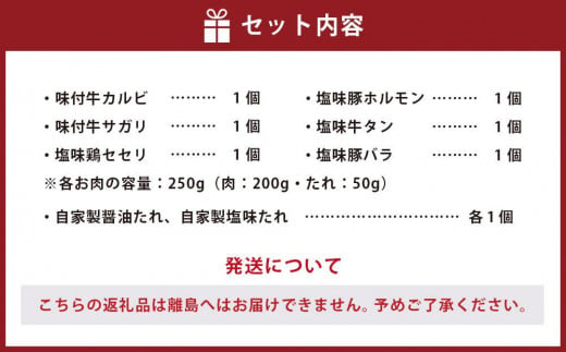 特製 焼肉セット B(醤油たれ・塩たれ付) 全6種 計1.5kg カルビ サガリ セセリ ホルモン 牛タン 豚バラ