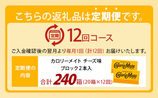 【12回定期便】≪チーズ味≫ カロリーメイトブロック 2本入り 計20箱 ×12回 合計240箱【徳島 那賀 大塚製薬 カロリーメイト チーズ ビタミン ミネラル たんぱく質 脂質 糖質 5大栄養素 バランス栄養食 栄養補給 仕事 勉強 スポーツ 防災 災害 地震 非常食 常備食 備蓄 受験 受験応援 新生活】MS-5-12-cheese