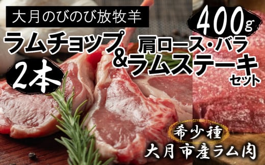 【先行予約】大月のびのび放牧羊【ラムチョップ＆ステーキセット】ラムチョップ2本・ステーキ400g(肩ロース100g×2枚 バラ100g×2枚) ※11月中旬より順次発送