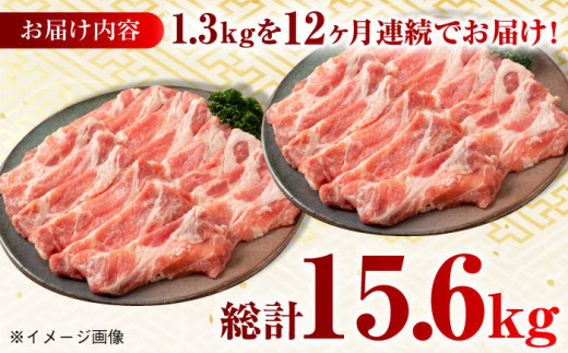 【月1回約1.3kg×12回定期便】大西海SPF豚 肩ロース（焼肉＆しゃぶしゃぶ用）計15.6kg 長崎県/長崎県農協直販 [42ZZAA067] 肉 豚 ぶた ブタ ロース 焼肉 焼き肉 しゃぶしゃぶ 小分け 西海市 長崎 九州 定期便