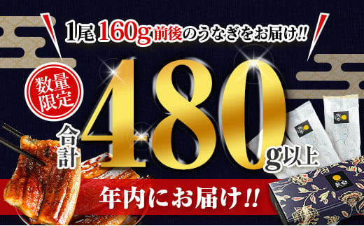 ＜今ならまだ間に合う!! 年内お届け＞数量限定 うなぎ 国産 蒲焼 3尾 人気 無頭 計480g以上 高評価 おすすめ 冷凍 簡単調理 個包装 鰻 魚介 贈答品 ギフト 贈り物 期間限定 鰻楽［12月11日受付終了］【C444】