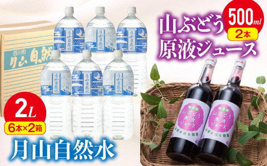 「月山自然水 2L×6本」と「山ぶどう原液ジュース 500ml×2本」セット